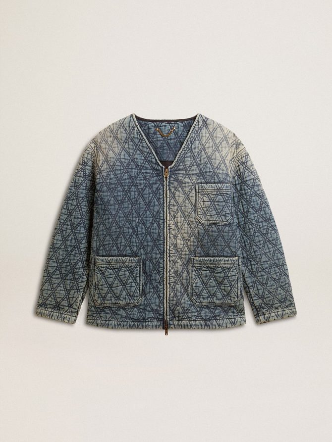 Women’s blue quilted jacket in cotton denim with distressed finish