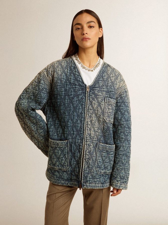 Women’s blue quilted jacket in cotton denim with distressed finish - Image 2