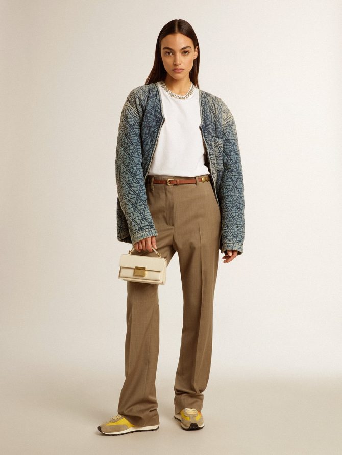 Women’s blue quilted jacket in cotton denim with distressed finish - Image 3