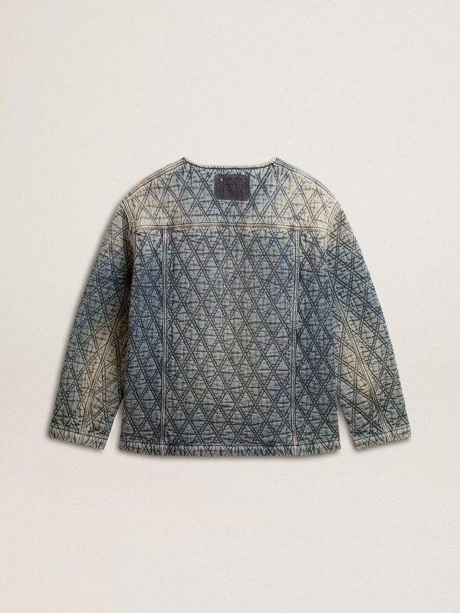 Women’s blue quilted jacket in cotton denim with distressed finish - Image 7