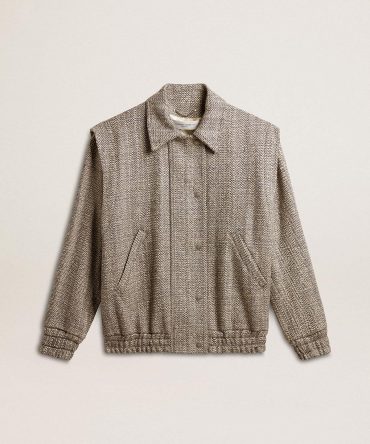 Women’s bomber jacket in ecru brown herringbone wool
