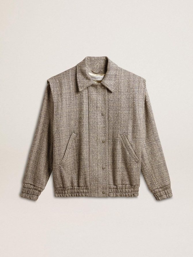 Women’s bomber jacket in ecru brown herringbone wool