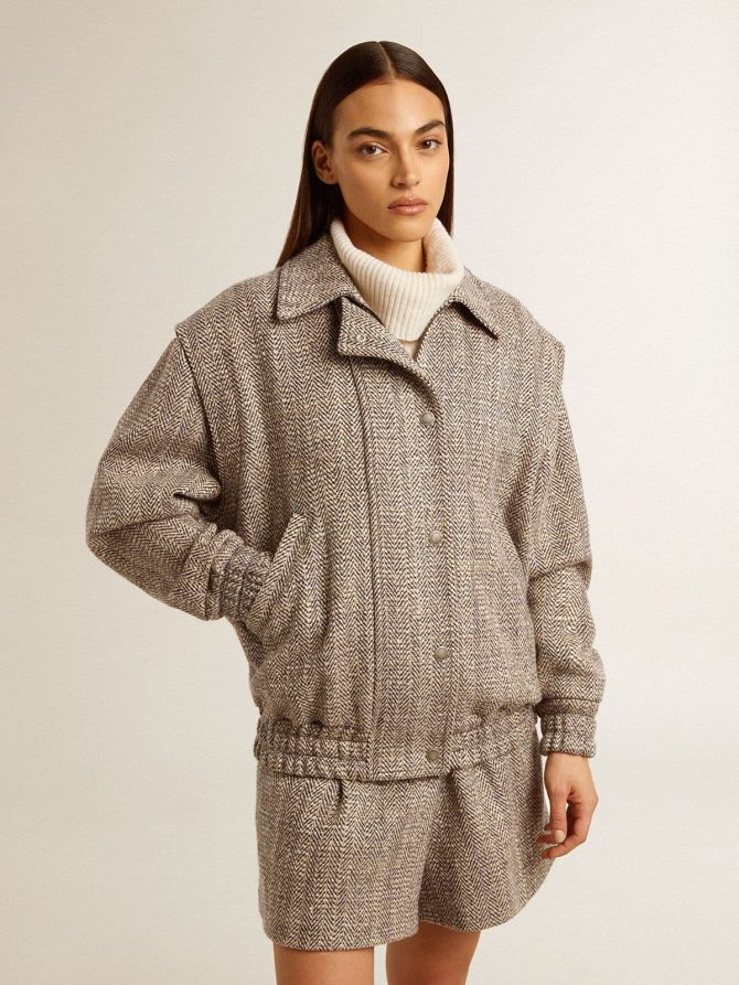 Women’s bomber jacket in ecru brown herringbone wool - Image 3