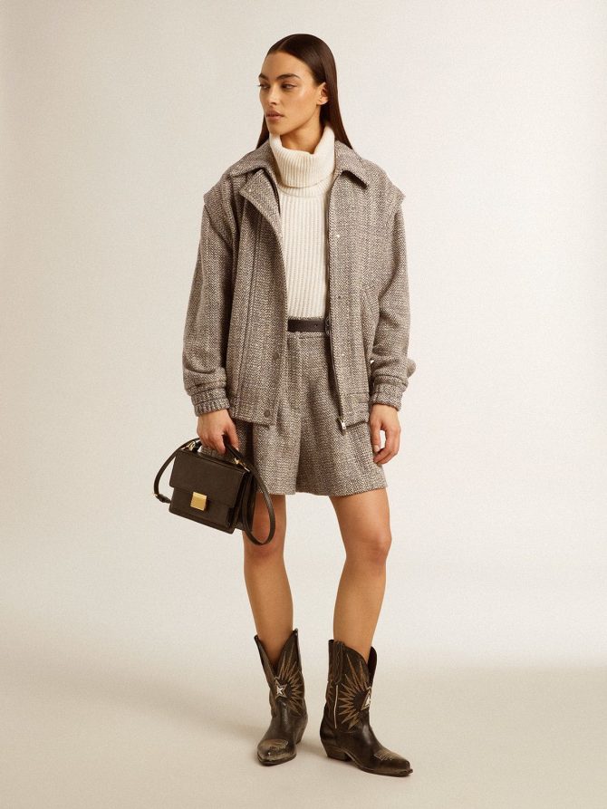Women’s bomber jacket in ecru brown herringbone wool - Image 4
