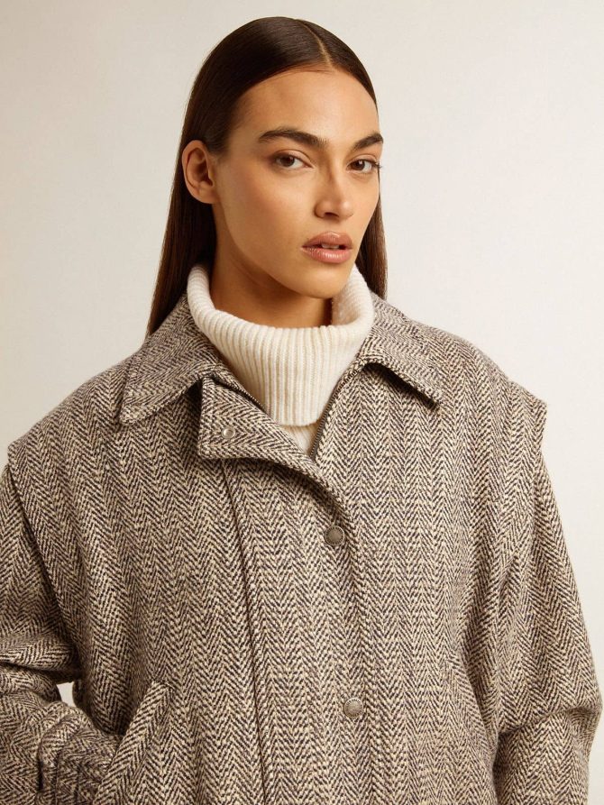 Women’s bomber jacket in ecru brown herringbone wool - Image 5