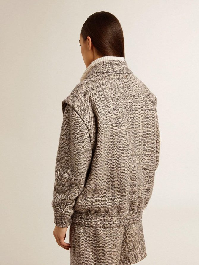 Women’s bomber jacket in ecru brown herringbone wool - Image 6