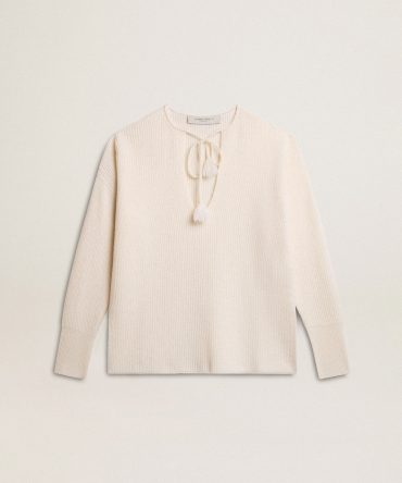 Ribbed wool sweater with V neck and drawstring with tassels