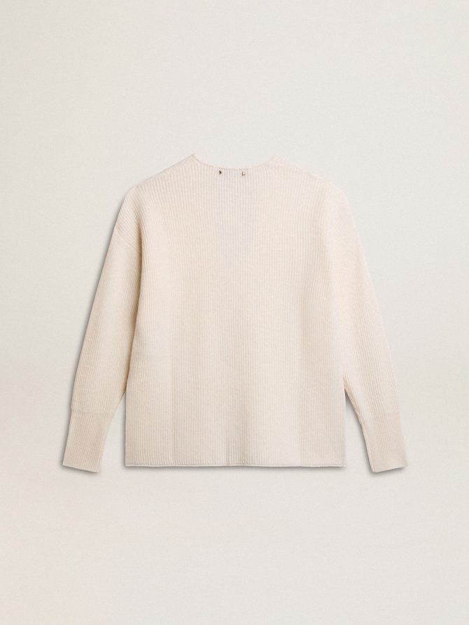 Ribbed wool sweater with V neck and drawstring with tassels - Image 2