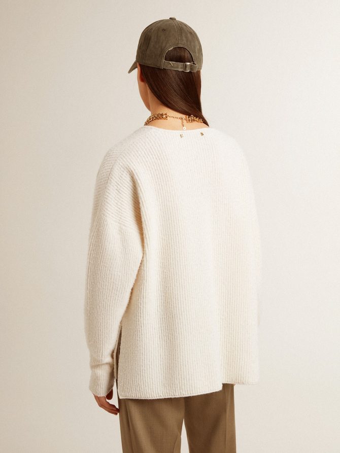 Ribbed wool sweater with V neck and drawstring with tassels - Image 5