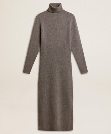 Gray melange ribbed woolen dress with high neck