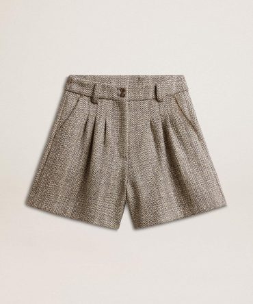 Women’s ecru brown shorts in herringbone wool