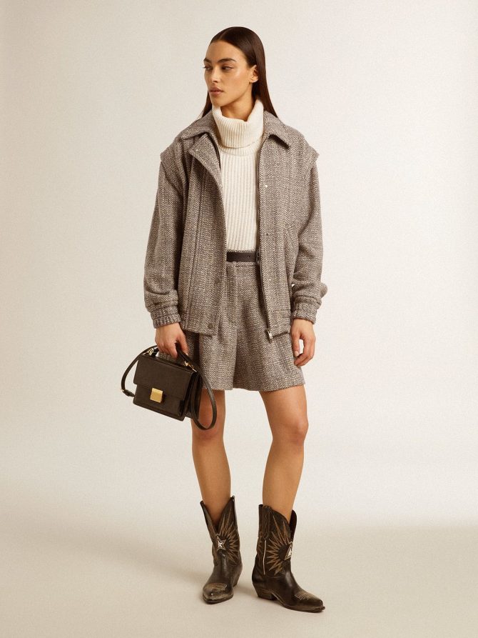 Women’s ecru brown shorts in herringbone wool - Image 4