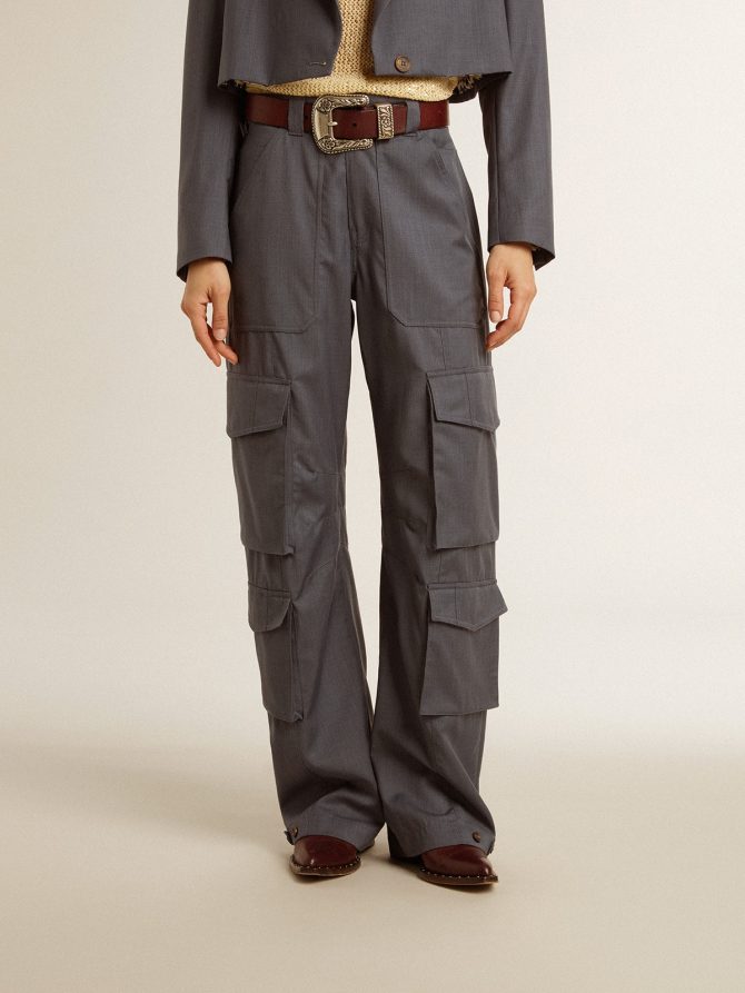 Women’s cargo pants in baby blue wool - Image 2