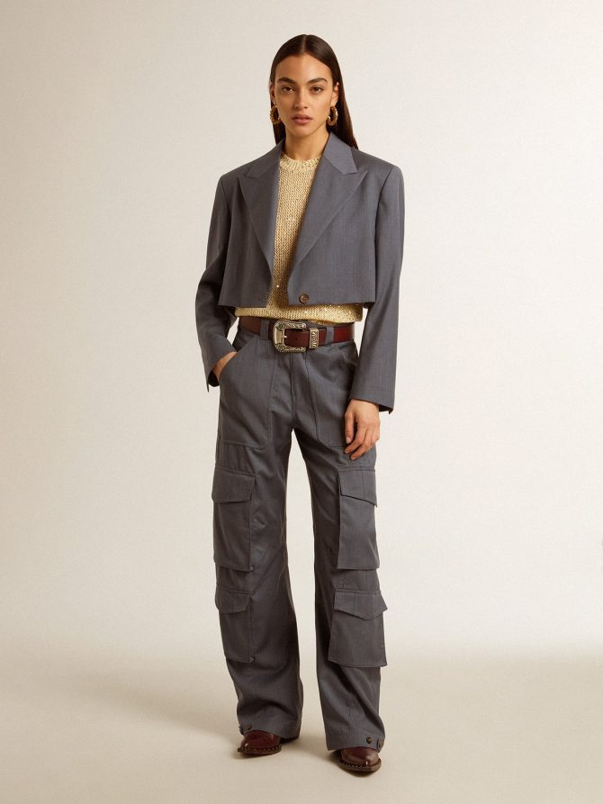 Women’s cargo pants in baby blue wool - Image 3