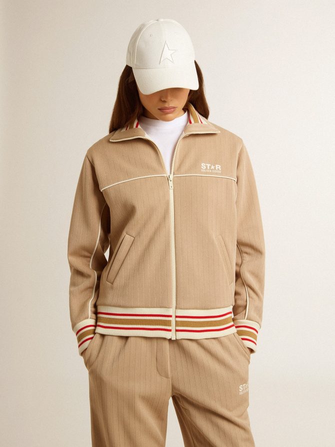 Women’s light beige zipped sweatshirt with white logo - Image 2