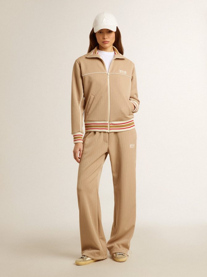 Women’s light beige zipped sweatshirt with white logo - Image 3