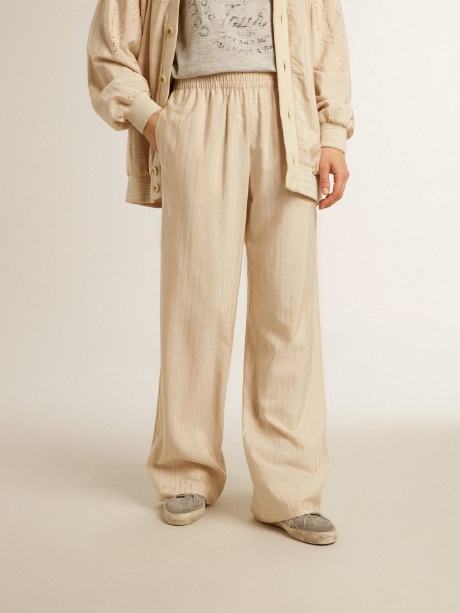 Women’s light beige silk and viscose joggers - Image 2