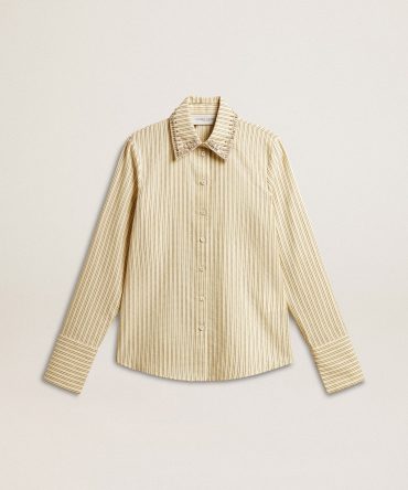 Ecru shirt with stripes and embroidered crystals