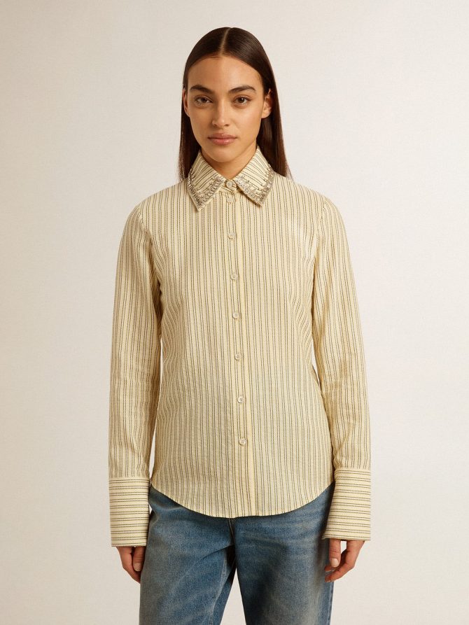 Ecru shirt with stripes and embroidered crystals - Image 2