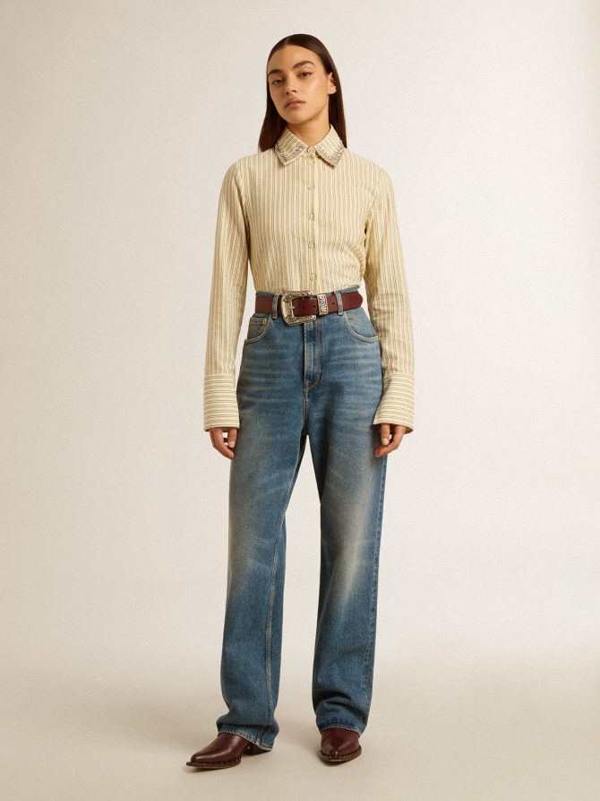 Ecru shirt with stripes and embroidered crystals - Image 3