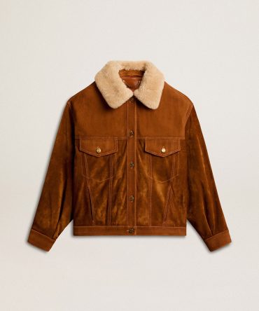 Women’s jacket in tobacco-colored split leather with a shearling collar