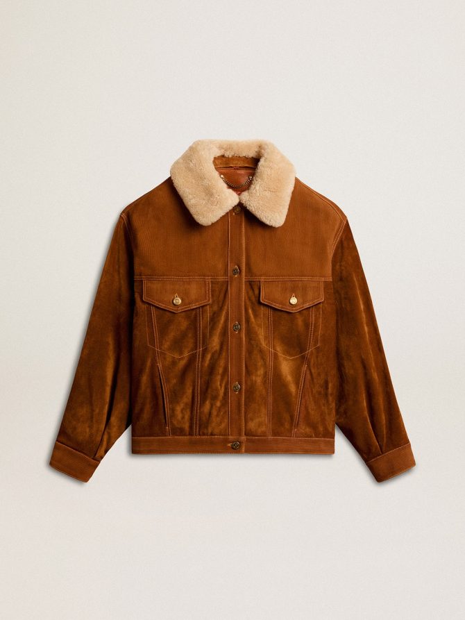 Women’s jacket in tobacco-colored split leather with a shearling collar