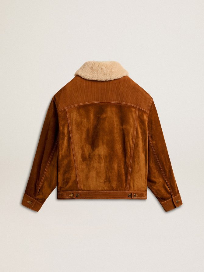 Women’s jacket in tobacco-colored split leather with a shearling collar - Image 2