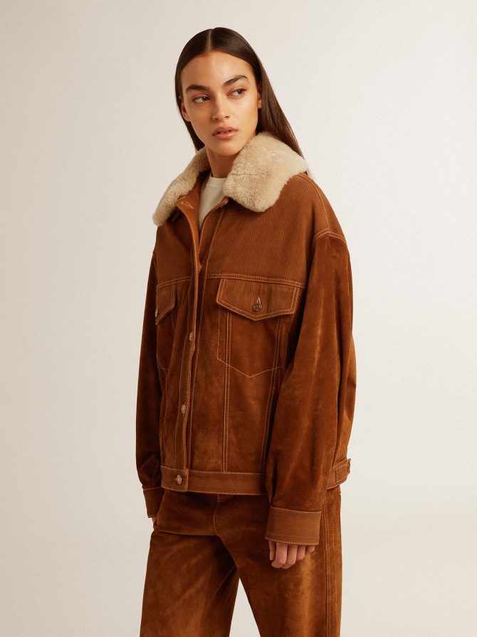 Women’s jacket in tobacco-colored split leather with a shearling collar - Image 3