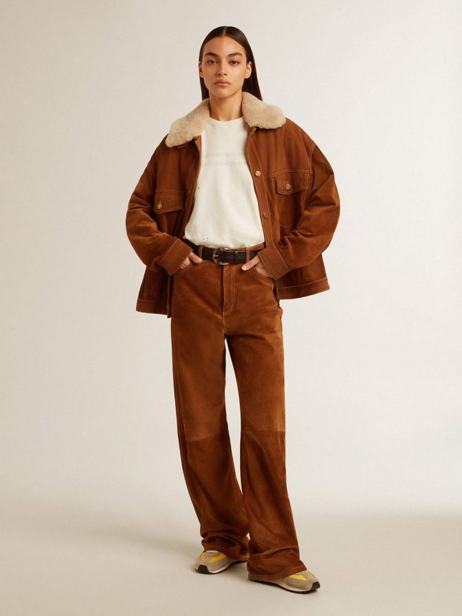 Women’s jacket in tobacco-colored split leather with a shearling collar - Image 4