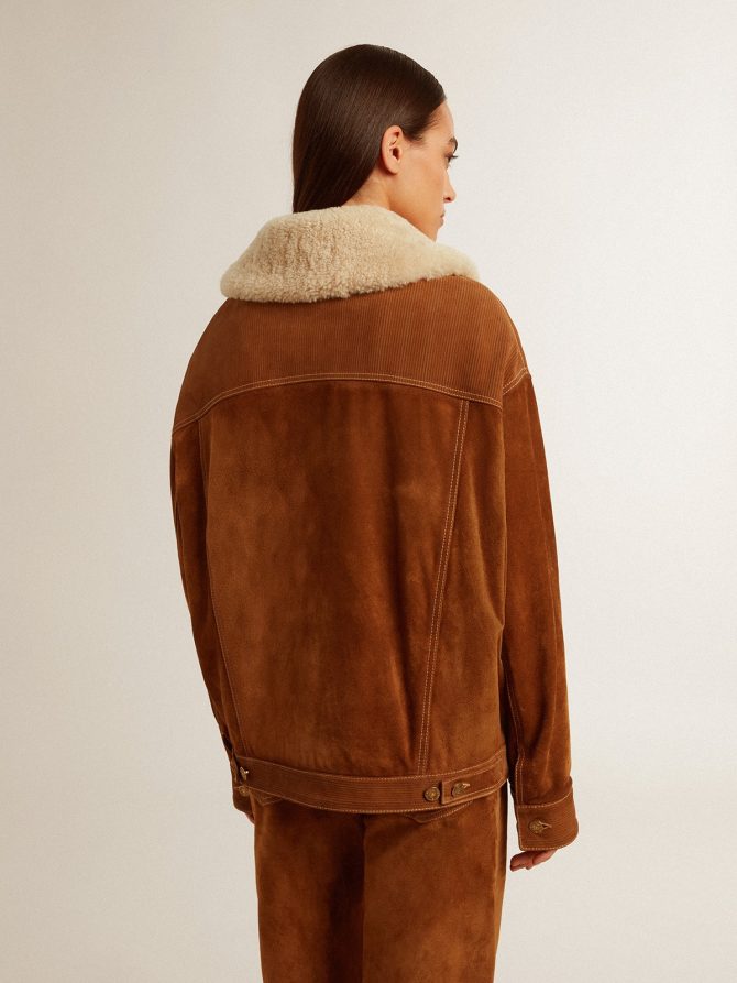 Women’s jacket in tobacco-colored split leather with a shearling collar - Image 5