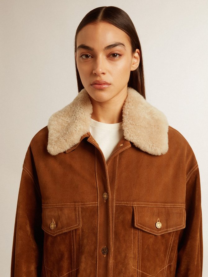 Women’s jacket in tobacco-colored split leather with a shearling collar - Image 6