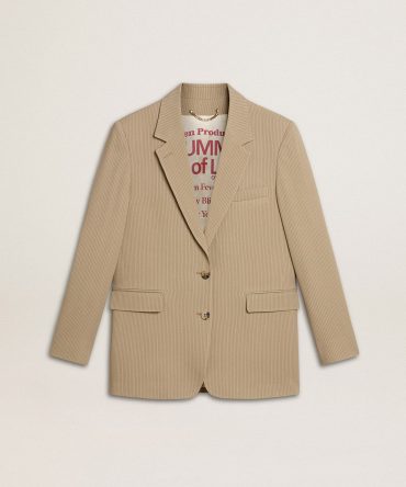 Women’s beige pinstripe single-breasted jacket with an oversized fit