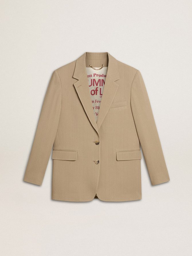 Women’s beige pinstripe single-breasted jacket with an oversized fit