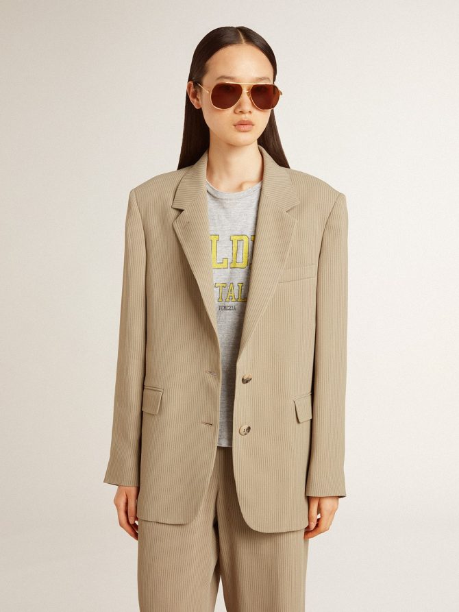 Women’s beige pinstripe single-breasted jacket with an oversized fit - Image 2