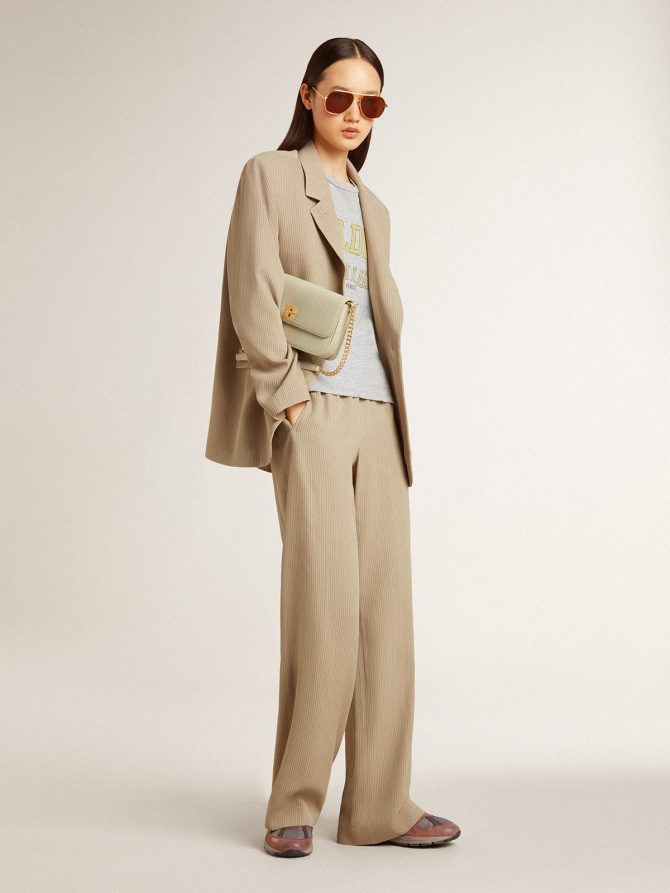 Women’s beige pinstripe single-breasted jacket with an oversized fit - Image 3