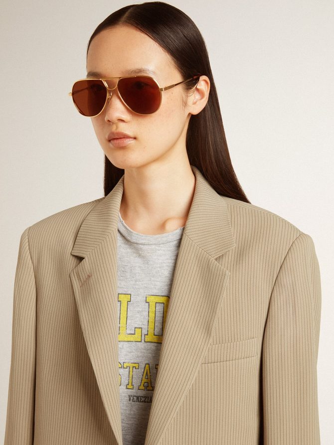 Women’s beige pinstripe single-breasted jacket with an oversized fit - Image 5