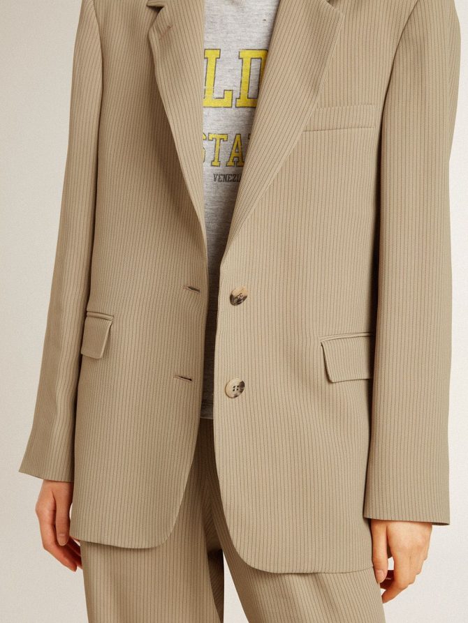Women’s beige pinstripe single-breasted jacket with an oversized fit - Image 6