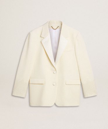 Single-breasted oversize jacket in white with silk effect and embroidery