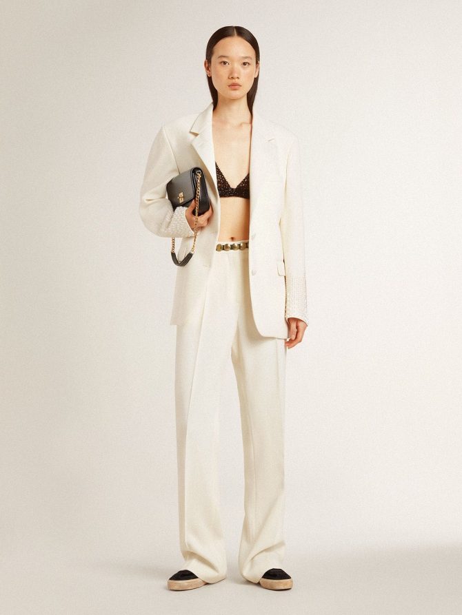 Single-breasted oversize jacket in white with silk effect and embroidery - Image 3