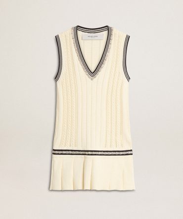 Women’s worn-white cotton vest dress with dark blue ribbing and crystals