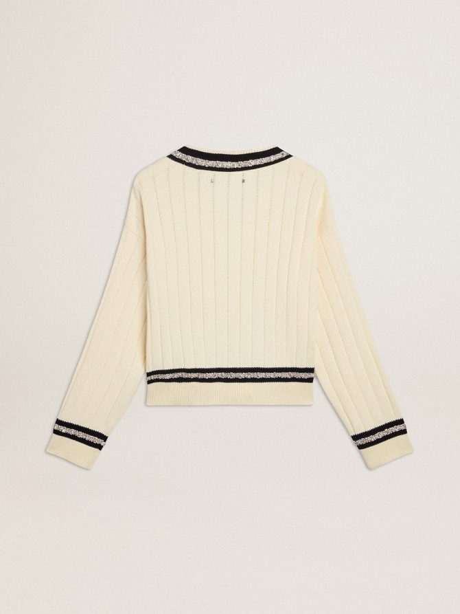 Women’s cable-pattern cropped sweater with blue ribbing and crystals - Image 7
