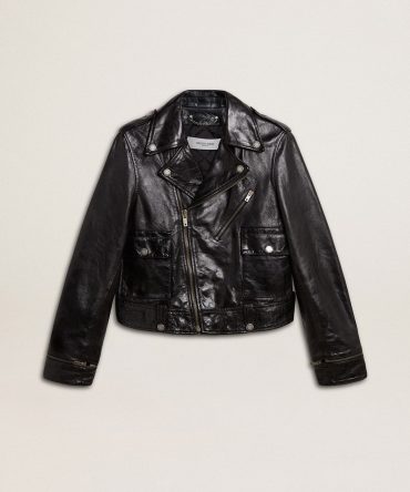 Women’s black leather biker jacket with glossy effect