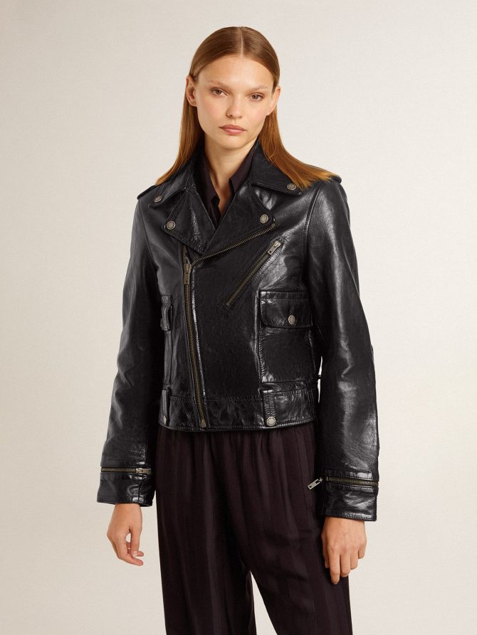 Women’s black leather biker jacket with glossy effect - Image 3
