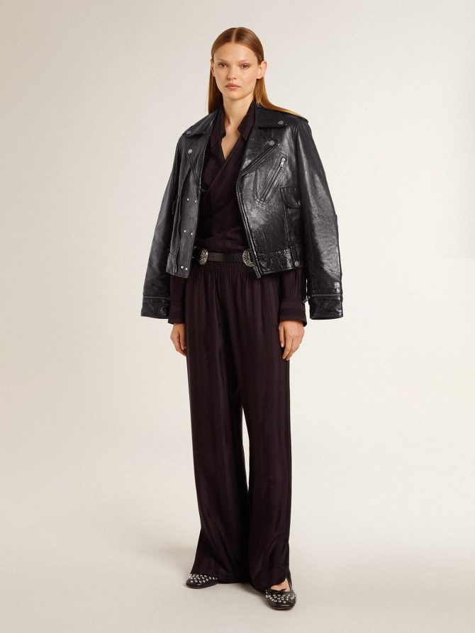 Women’s black leather biker jacket with glossy effect - Image 4