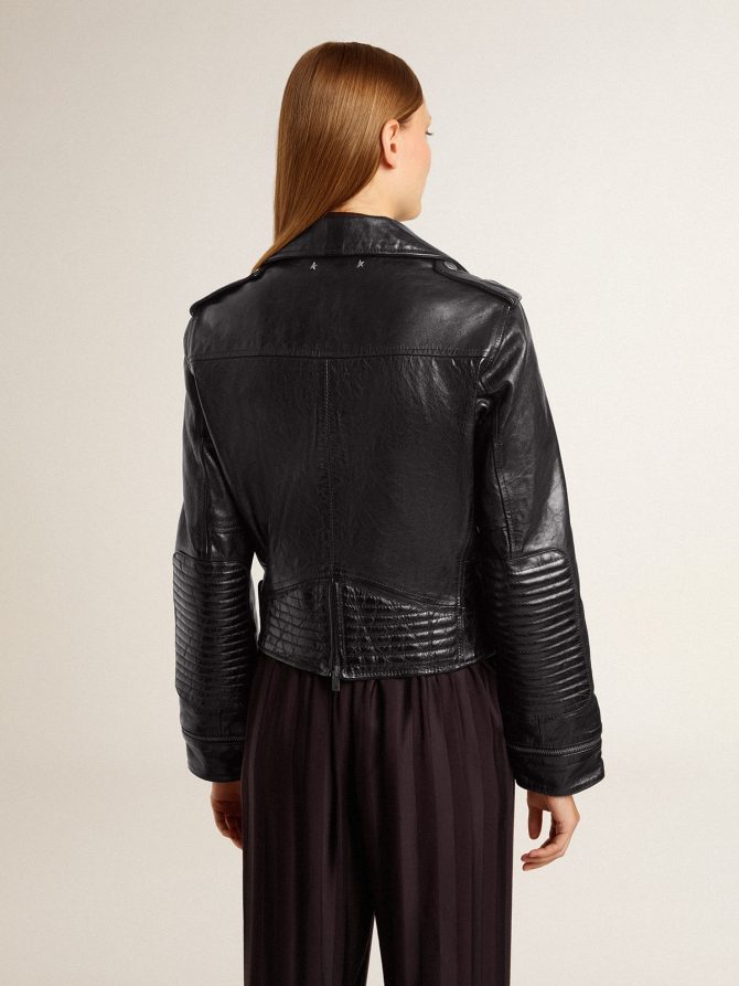 Women’s black leather biker jacket with glossy effect - Image 5