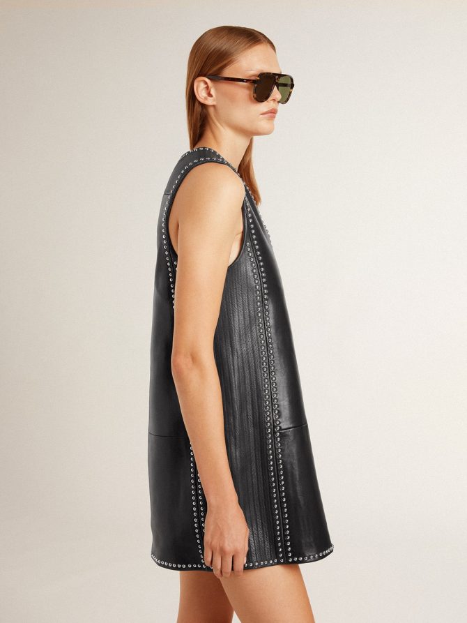 Women’s black nappa leather dress with studs - Image 2