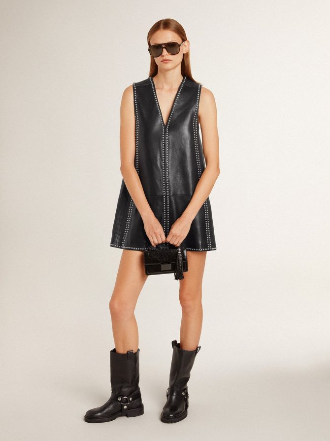 Women’s black nappa leather dress with studs - Image 3