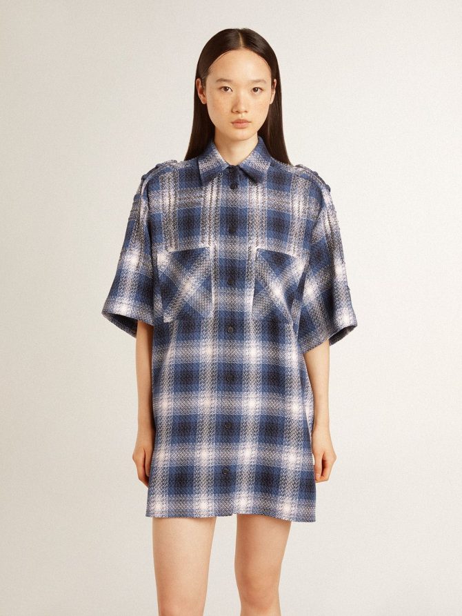 Women’s short shirt dress with 3D checkerboard pattern and embroidery - Image 2