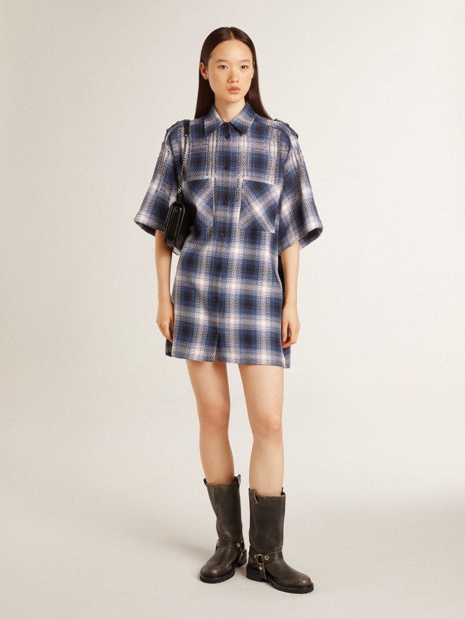 Women’s short shirt dress with 3D checkerboard pattern and embroidery - Image 3