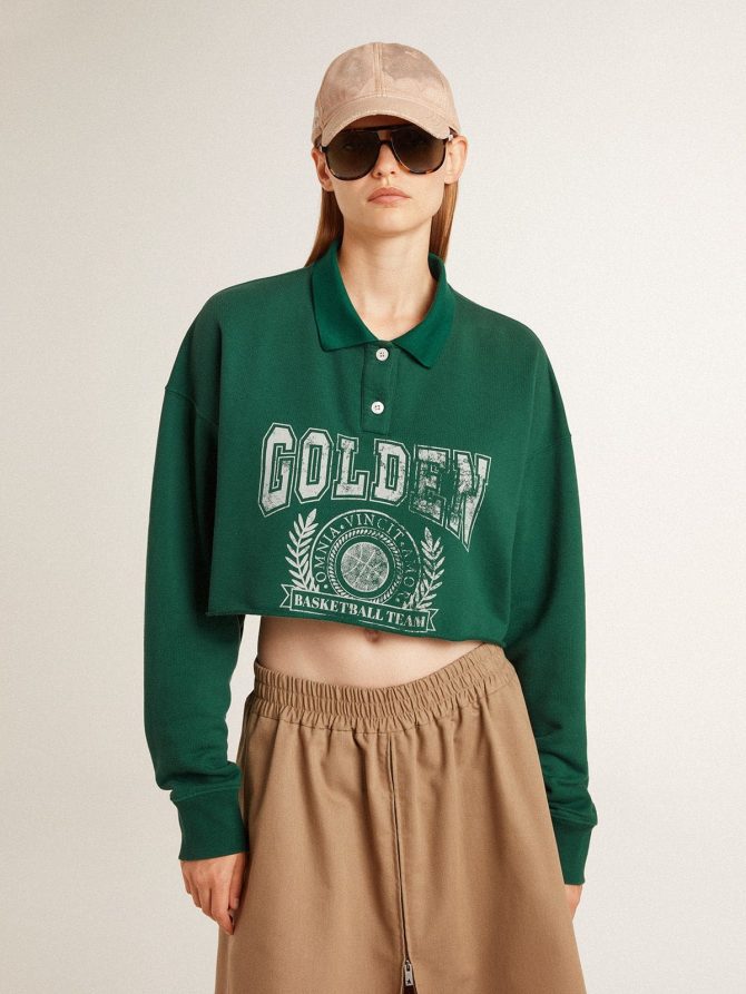 Women’s green cropped polo sweatshirt with print - Image 2